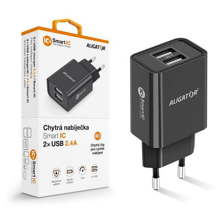 Aligator hálózati töltő 2xUSB 2.4A fekete