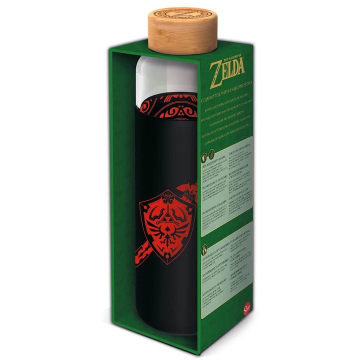 Sticla pentru apa STOR Zelda, cu husa din silicon cu motiv, reutilizabil, Negru/rosu, 585 ml