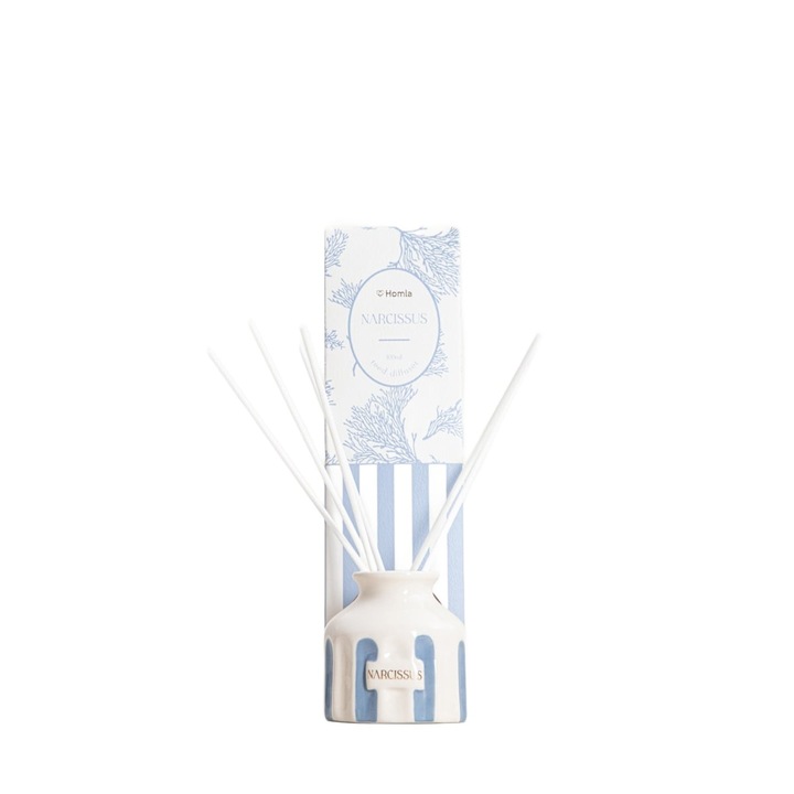 Difuzor de parfum HOMLA Ocean Breeze Narcissus Isle cu note de lime si grepfrut, flacon decorativ cu betisoare, alb/albastru, 100 ml