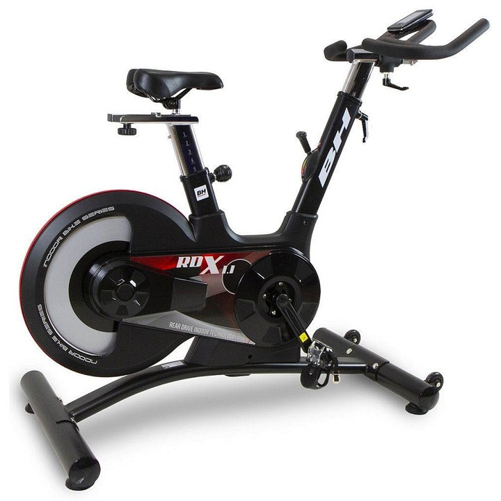 Bicicleta stationara BH Fitness RDX 1.1, volant 20 kg, frana mecanica cu reglaj manual, computer LCD, sa si ghidon reglabile, Negru/rosu, 130 kg