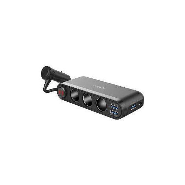Yenkee YAC 470 autós töltő, 12V/24V töltőállomás LED kijelzővel, 3x USB-A QC 3.0 + 1x USB-C PD, 3x 12V kimenet (120W/200W), 70 cm kábel, fekete