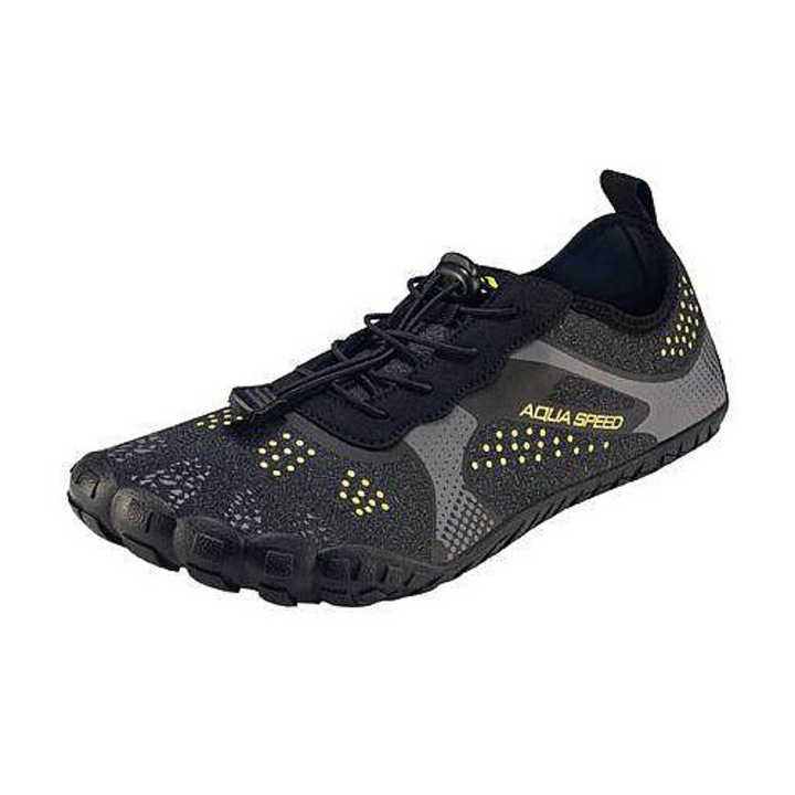 Aqua-Speed, Incaltaminte pentru apa textil, ultrausoare si respirabile, cu talpa din cauciuc antiderapant si plasa metalica de protectie, Nautilus, negru/galben, 46 EU