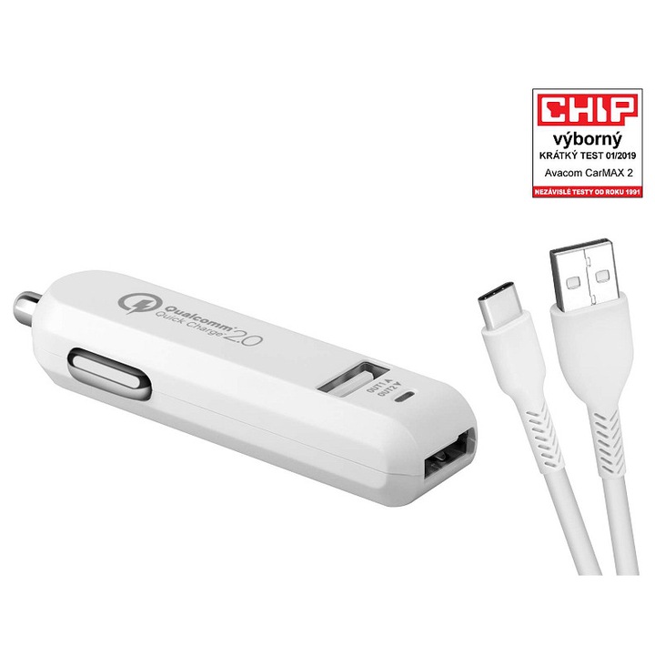 EFitness CarMAX autós töltő, 2x USB, fehér, 1m, 36W