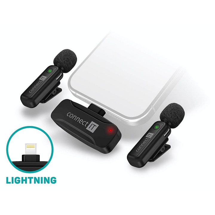 Microfon lavalier wireless Connect IT ClipMic, Lightning, 2.4 GHz, 4 óra üzemidő, iOS kompatibilis, Fekete, 2 mikrofon + vevő szett