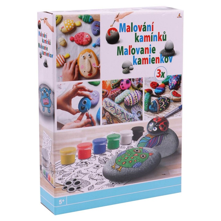 Kőfestő készlet Craft Creative, kreatív készlet matricákkal, 6 festékkel és ecsettel, 6 mozgó szemmel, Többszínű, 3 kő
