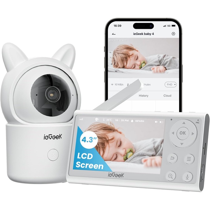ieGeek Baby Surveillance Camera 355º Type-C 1080P Baby Monitor with Camera, 4.3" 3000mAh LCD Screen, Remote App, Dual Voice, Auto Tracking, Motion and Noise Detection, Pets, Elderly