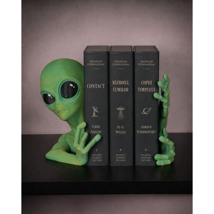 Suport Carti Alien Verde – Decoratiune Inedita pentru Birou si Biblioteca