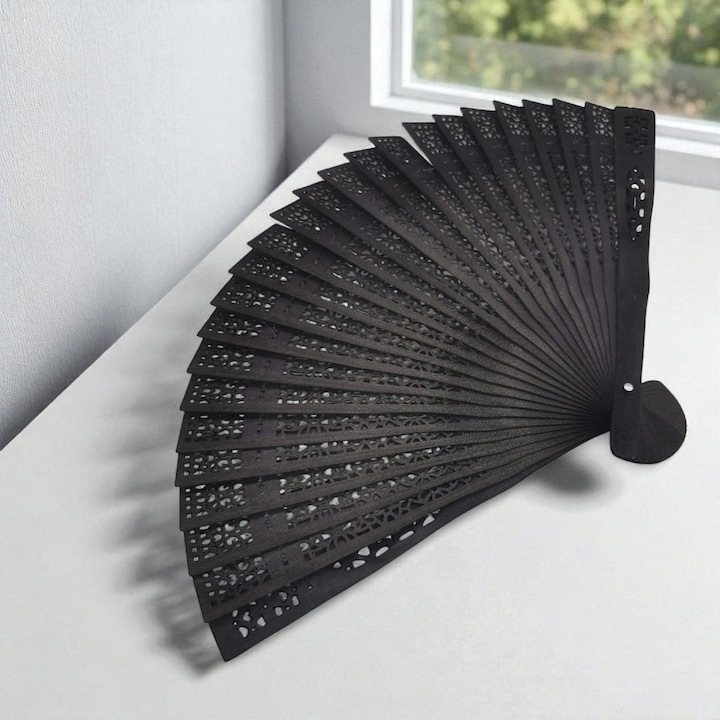 Evantai Elegant din Bambus Natural ANTBRO® – Negru, Decupaje Fine Premium, Pliabil, Accesoriu Vintage pentru Evenimente, Nunta, Dans, Festival si Decor, 20x33 cm