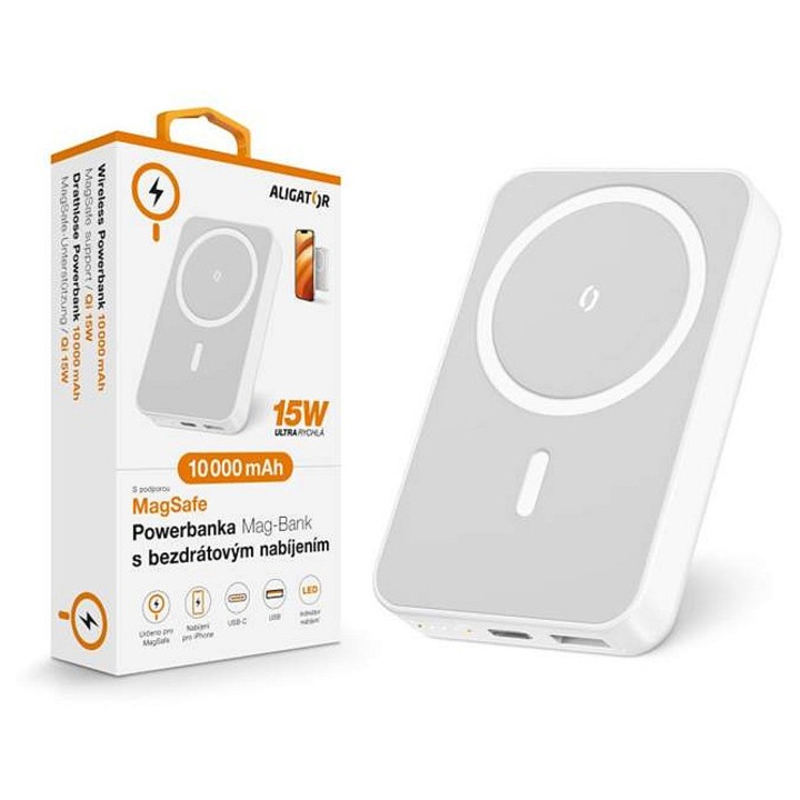 Powerbank Aligator AMS04WT, MagSafe és Qi vezeték nélküli töltés, USB-C/USB, 15W, Fehér, 10 000 mAh