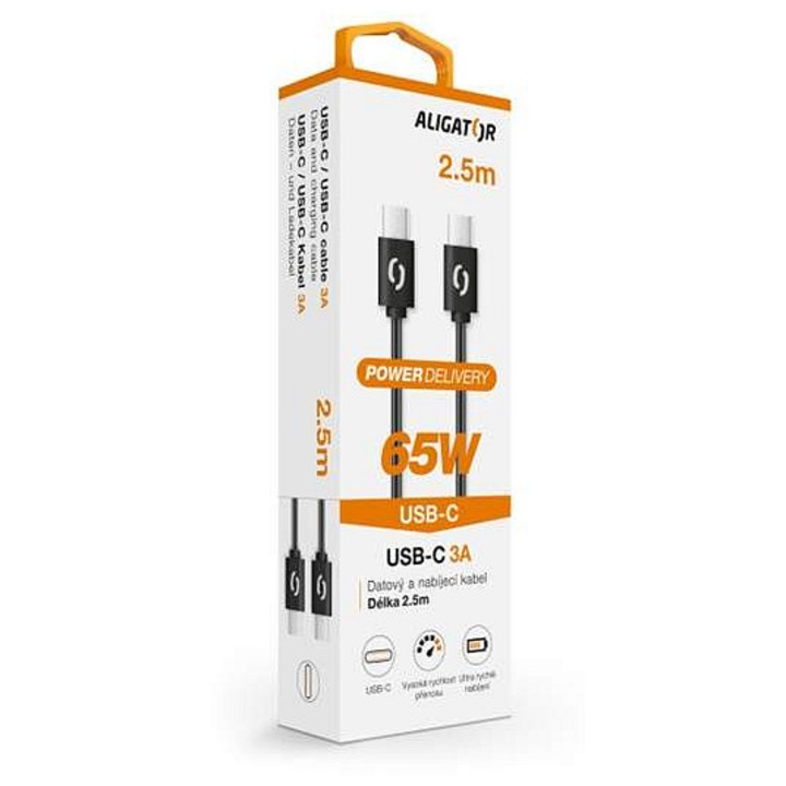 Aligator ALI DK 65W USB-C – USB-C kábel, 65W Power Delivery, 3A töltés, fehér, 2,5m