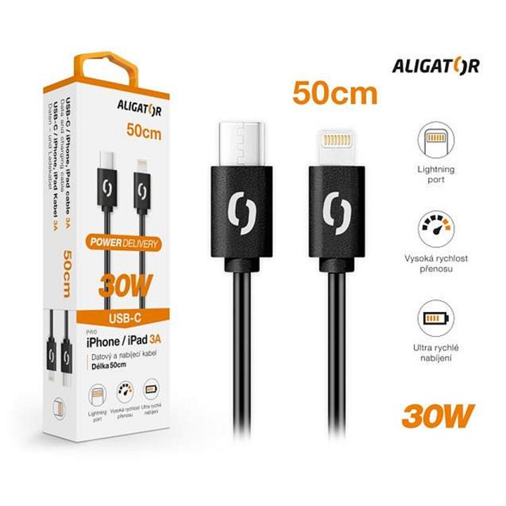 Aligator USB-C Lightning adatkábel 0.5m fehér 3A 30W
