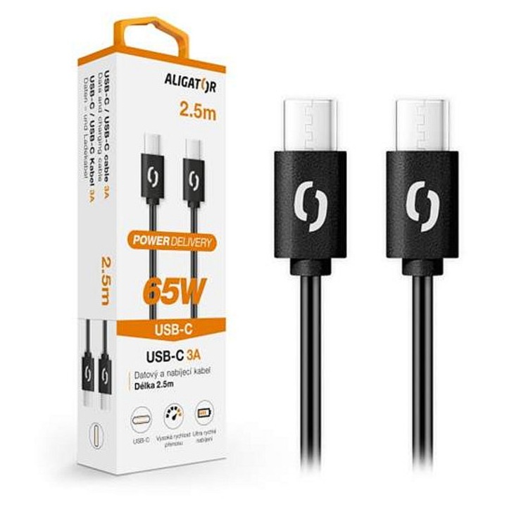 USB-C/USB-C kábel Aligator DK 65W DATKP58, adat- és töltőkábel, 65W-ig Power Delivery, 3A gyors töltés, fekete, 2,5 m