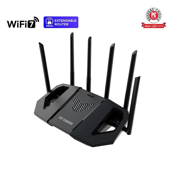 Router WiFi 7 ASUS TUF Gaming BE6500, Dual Band 802.11be pana la 6500 Mb/s, 4x 2.5GbE, AiMesh si AiProtection Pro, Negru