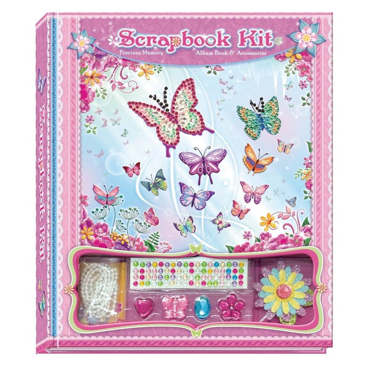 Alltoys scrapbook készlet, gyermeknapló pillangó díszítéssel, matricákkal és kiegészítőkkel, Rózsaszín, 1 készlet