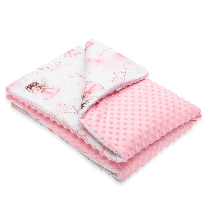 Patura/pledus pentru bebelusi NEW BABY Vily, Minky moale si 100% bumbac, cu umplutura antialergica, cu imprimeu educational, Roz, 80 x 100 cm