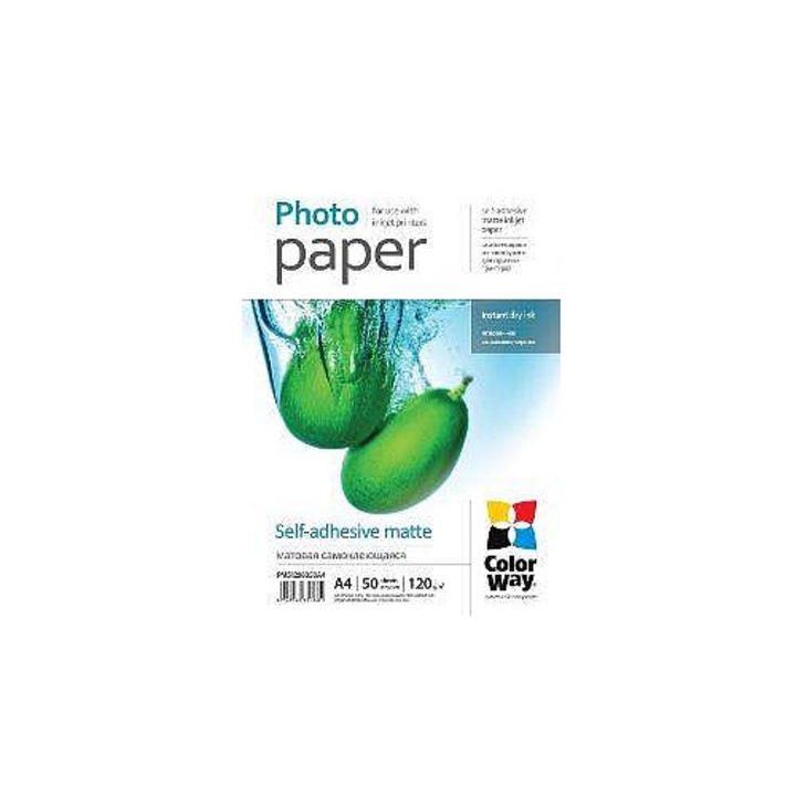 Fotópapír / Photo paper COLORWAY Matte Self-adhesive A4, öntapadós, matt, fehér, 50 lap (120 g/m2)