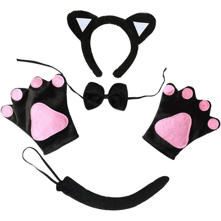 Set Costum Pisicuta, pentru adulti si fetite, Marime universala, include coronita, manusi, papion si codita, Roz/Negru
