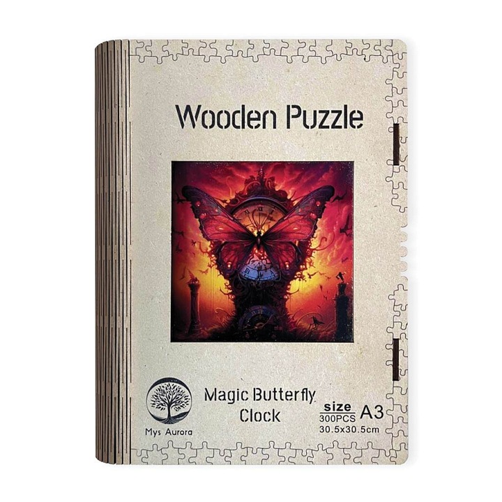 Дървен пъзел EPEE Magic Butterfly Clock, 300 части, от рециклирани материали, Многоцветен, A3 (30.5x30.5 cm)