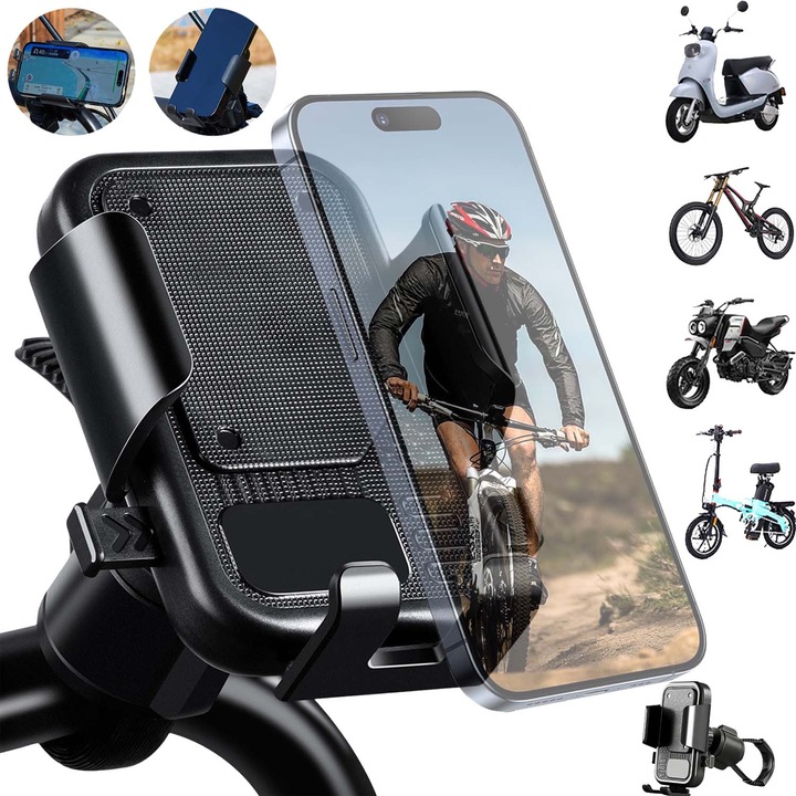 Suport telefon pentru Motocicleta, plastic, Anti-shake, Reglabil, Montaj pe Ghidon, Design mecanic de blocare, sigur si securizat, Accesorii universale pentru biciclete, biciclete electrice si motociclete, Compatibil cu telefoane de mai multe dimensiuni