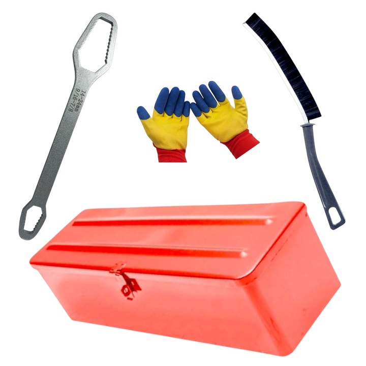 Szerszámos fémdoboz, 42 cm és Univerzális lapos kulcs, torx típusú, 2 fejjel, méretek 08-13 / 14-24 mm, önzáró, szénacél, hossza 23 cm keskeny kefével, 23 cm, nehezen hozzáférhető helyekre és Védőkesztyű szett, háromszínű, latex