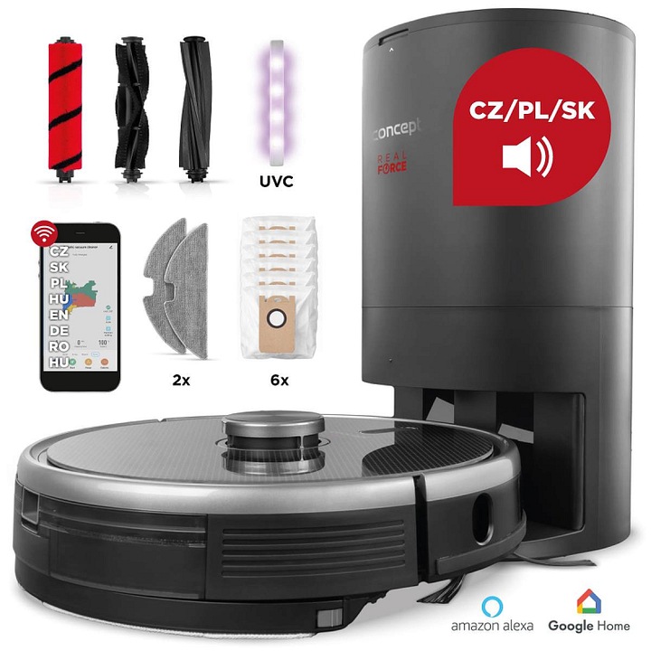 Robotporszívó Concept Real Force VR3520n 3 az 1-ben: porszívóz, felmos, UVC sterilizálás, automata ürítőállomás, LaserTec 2.0 lézeres navigáció, HEPA13, fekete/szürke, 1 db