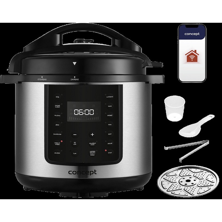 Concept CK8001 multifunkcionális kukta / multicooker, WiFi-vel és mobilalkalmazással, 24 program az alkalmazásban / 13 program a készüléken, kivehető tapadásmentes belső edény, ezüst, 5,6 l