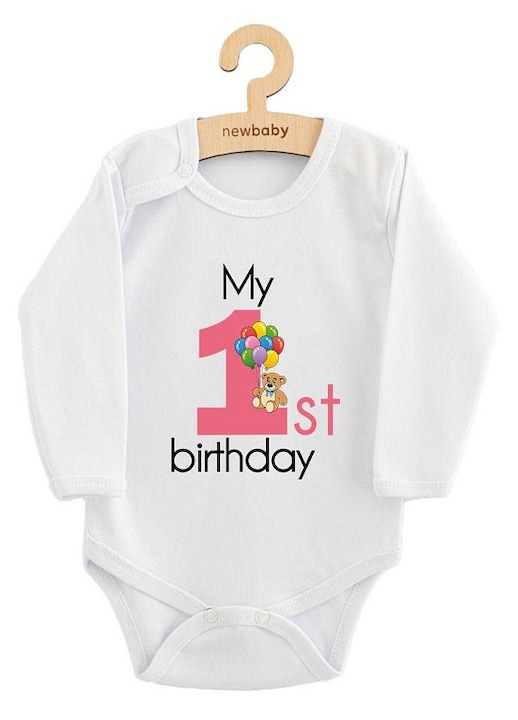 Body pentru bebelusi New Baby, imprimeu roz, bumbac, alb
