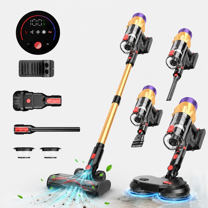 Aspirator Vertical Fara Fir, Putere Mare 420W, Aspirare Puternica 35KPA, Baterie Cu Autonomie Pana La 40 Minute, Ecran LED Tactil, Perie Cu Lumina Pentru Praf, Accesorii Pentru Podea, Canapea, Colturi Si Masina, Auriu, Smart Gadgets C&A