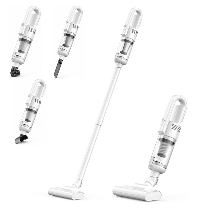 Aspirator Vertical Fara Fir 2 in 1, Rimenss, Aspirator Portabil pentru Casa si Masina, 6500Pa, 2 Baterii 2000mAh, Autonomie 30 Min, Filtru HEPA, Iluminare LED, Tub Extensibil, Perii Multiple, Recipient Praf, Pentru Podea, Covor, Canapea, Auto, Alb