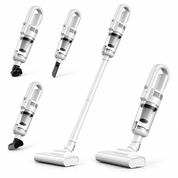 Aspirator Vertical Fara Fir 2 in 1, Rimenss, Aspirator Portabil pentru Casa si Masina, 6500Pa, 2 Baterii 2000mAh, Autonomie 30 Min, Filtru HEPA, Iluminare LED, Tub Extensibil, Perii Multiple, Recipient Praf, Pentru Podea, Covor, Canapea, Auto, Alb