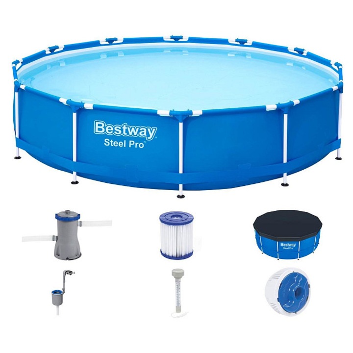 Bestway Steel Pro medence, fémvázas, komplett szett szűrőszivattyúval és felületi szkimmerrel, kék, O 3,66 x 0,84 m, 7.480 l