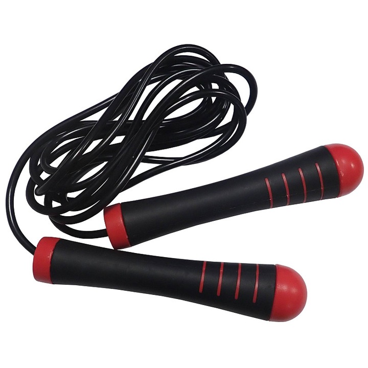 KUBIsport, Coarda de sarit din PVC cu rulmenti high-speed si manere antiderapante, lungime reglabila 2,8 m, greutati detasabile 100 g, D15/1K, Negru/Rosu