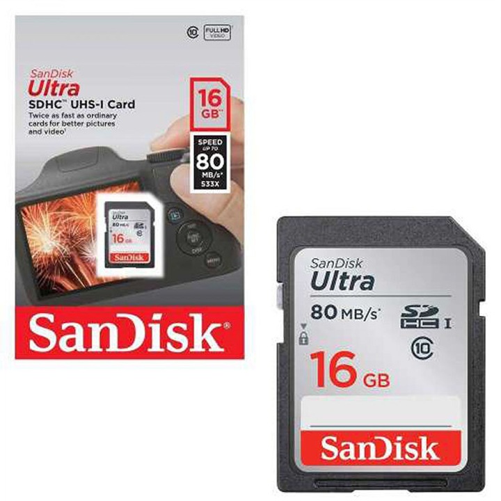 Card de memorie SanDisk Ultra SDSDUNS-016G-GN3IN, SDHC, 16 GB, UHS-I, Clasa 10