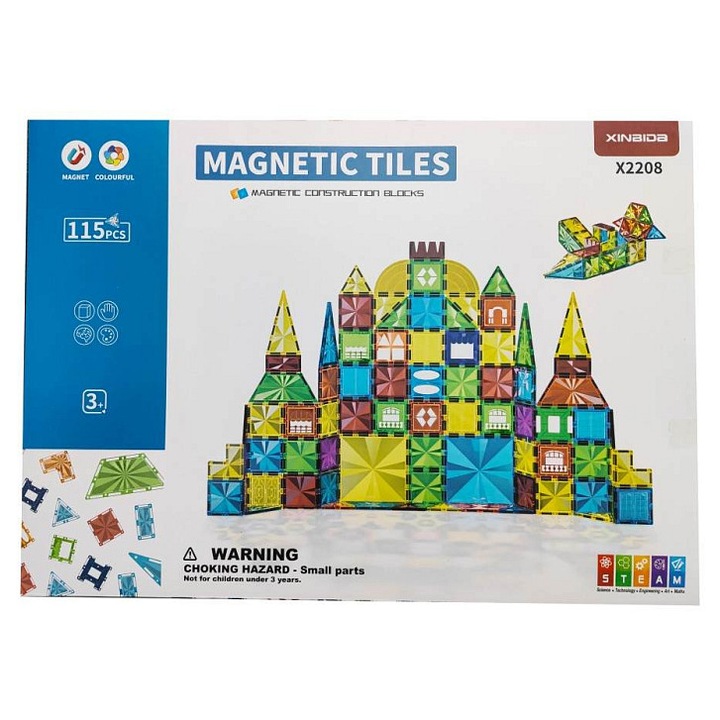 Alltoys Magnetic Tiles X2208 mágneses építőjáték készlet, színes mágneses elemek, változatos formák (négyzetek, háromszögek, hatszögek), többszínű, 115 darab
