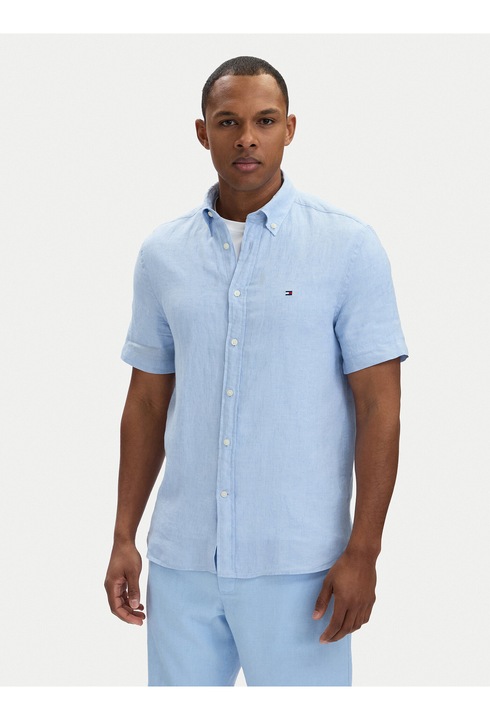 Tommy Hilfiger, Camasa din in cu maneci scurte, Albastru deschis