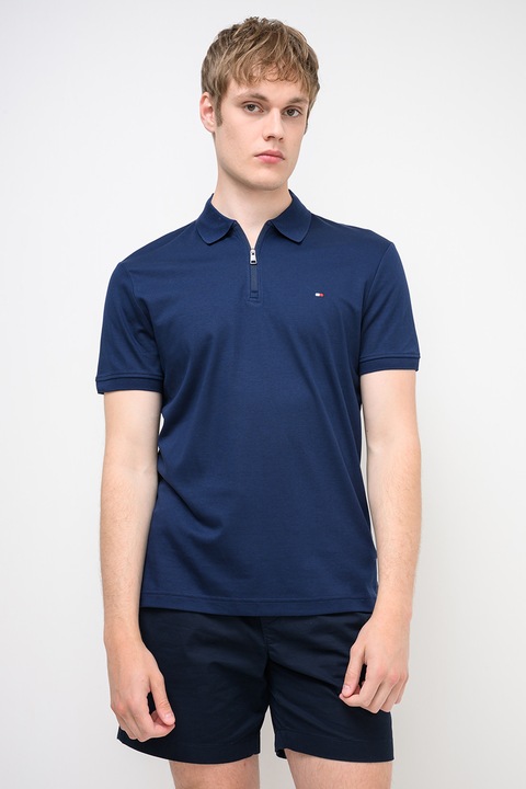 Tommy Hilfiger, Tricou polo regular fit cu fenta scurta cu fermoar Interlock, Albastru inchis