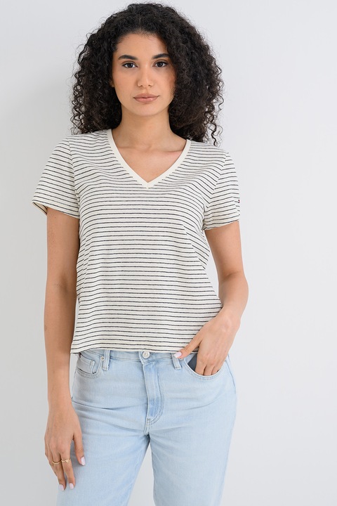 Tommy Hilfiger, Tricou din amestec de in cu decolteu in V, Alb murdar/Bleumarin
