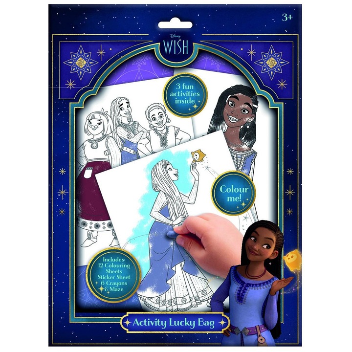 Alltoys Disney Wish tevékenységkészlet, 12 színező lap, matricaív, 6 zsírkréta, labirintus, többszínű, 1 készlet
