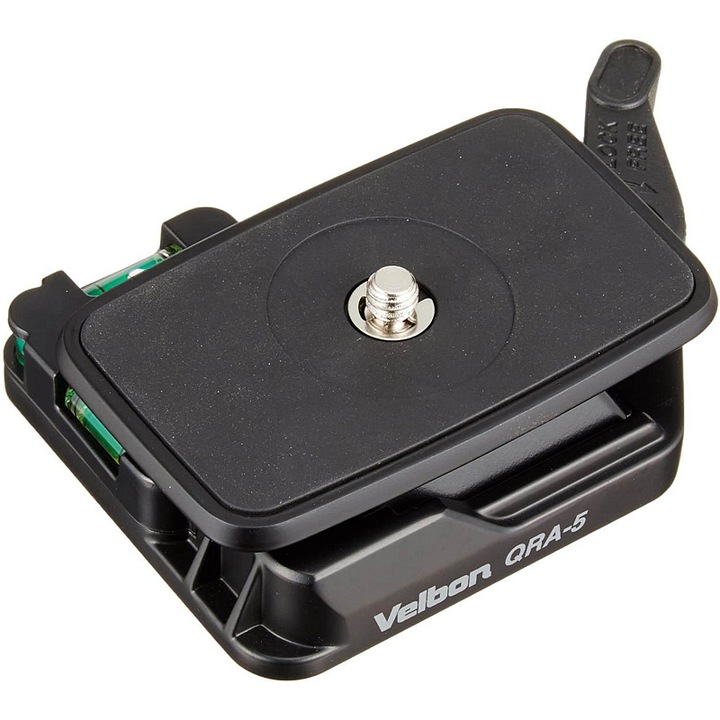 Velbon QRA-5 gyorscsatlakozó adapter, négyzetes talppal, magnézium testtel, QB-62 gyorscseretalppal, 4 kg teherbírás, UNC 1/4 menet, 3 vízmérték, fekete, 77x60x23 mm
