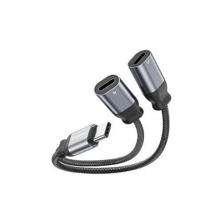 Adaptor audio USB-C Swissten 73502302, pentru incarcare si ascultare simultana, USB-C (tata) la 2x USB-C (mama), impletitura textila, Negru, 0,12 m