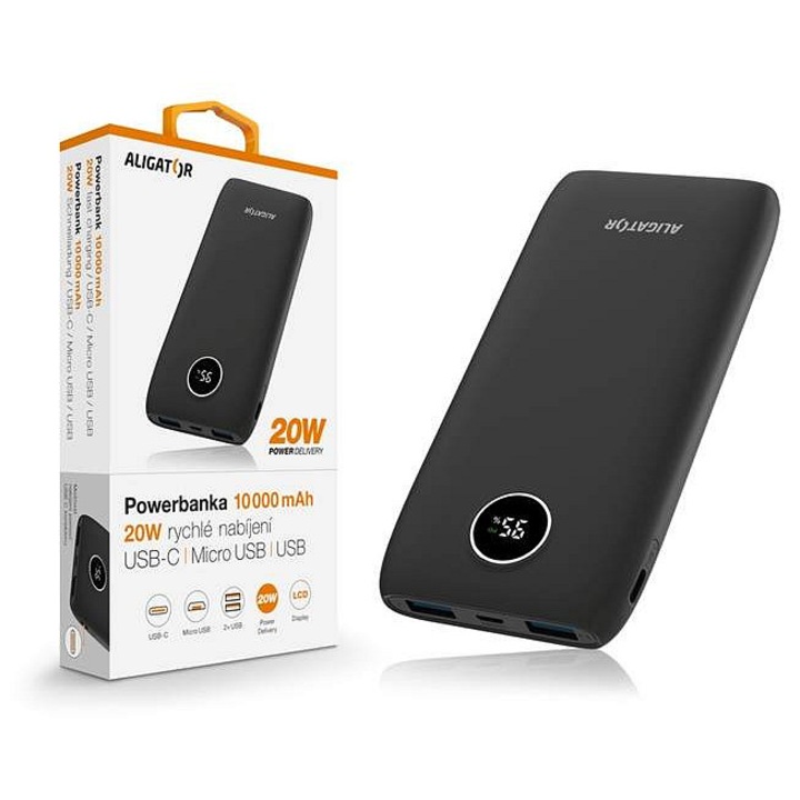 Aligator Power bank 10000mAh 20W fekete 66x143x13mm