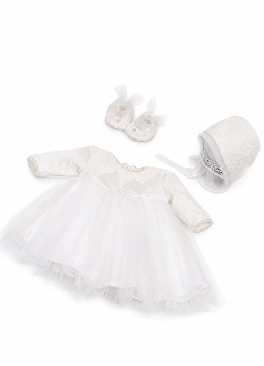 Rochita botez Alicia, ivoire, 3 piese, maneca lunga, dantela fina si tulle, 3-6 luni