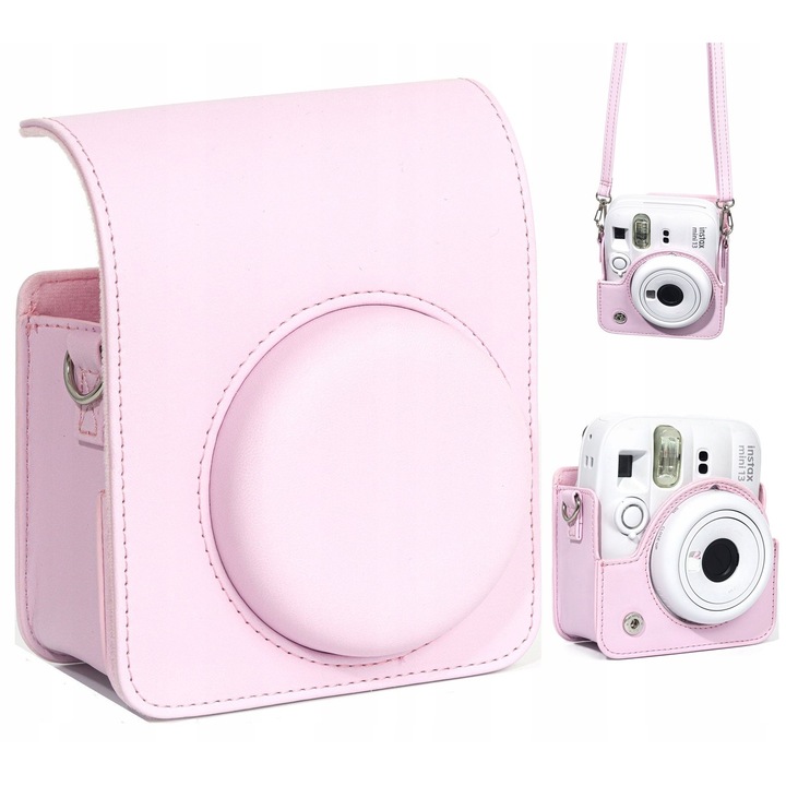 Husa, love instant, pentru fujifilm instax mini 13, roz, husa de protectie, clapa detasabila, curea de gat reglabila, constructie rigida, piele ecologica, interior moale, cusaturi rezistente, protectie impotriva zgarieturilor, setul include: husa si