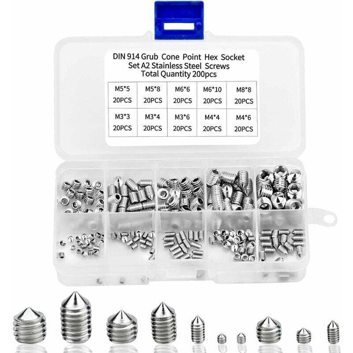 Set 200 suruburi hexagonale fara cap 304 inoxidabil argintiu M3-M8 12.8x6x2.3cm