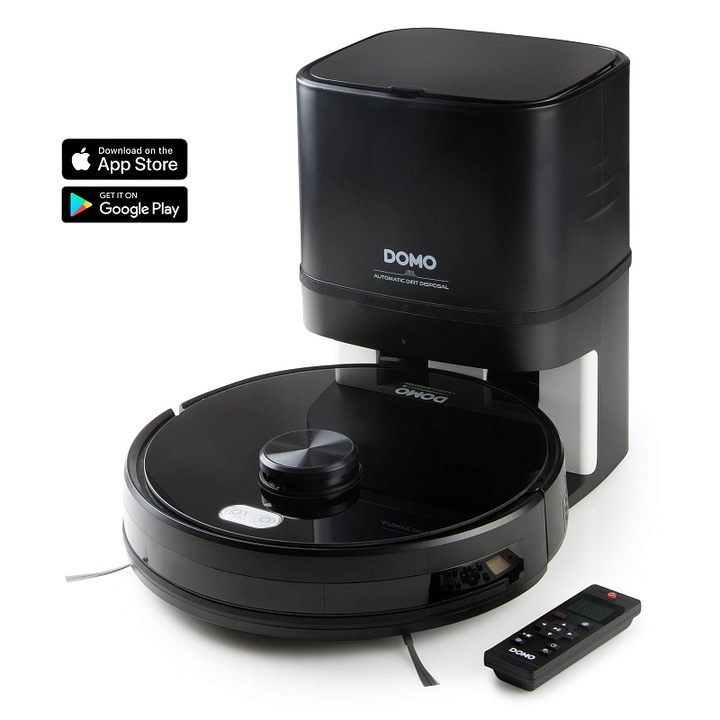Aspirator robot (robot aspirator) DOMO DO7298S, navigatie laser, statie cu golire automata cu sac, functie mop cu rezervor 330 ml, putere aspirare 2700 Pa, filtru HEPA, Wi-Fi si aplicatie Tuya, negru, 600 ml