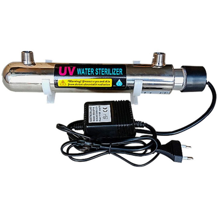 Sterilizator UV apa, 220V 12W, debit 1 GPM (0.2 m³/h), alarma lumina/sonora, pentru apa potabila, acvariu si dezinfectie industriala, inox, 1 buc