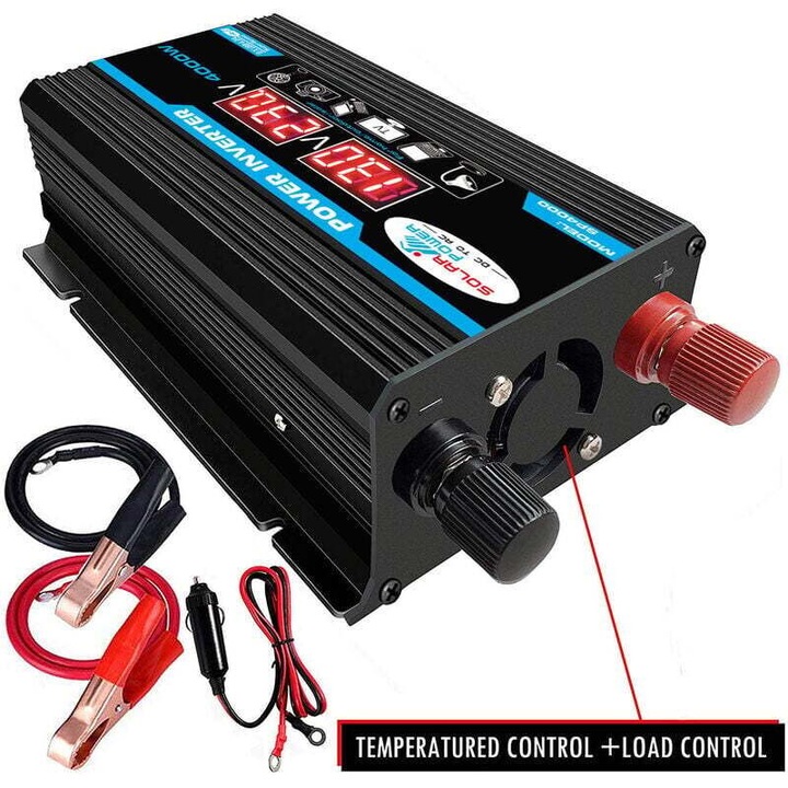 Invertor 12V la 220V 4000W, unda sinus pura, afisaj LCD dublu, protectie suprasarcina, culoare negru