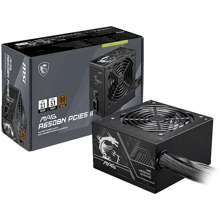 Sursa MSI MAG A650BN PCIE5 II, 650W, ATX 3.1, 80 PLUS Bronze, Negru