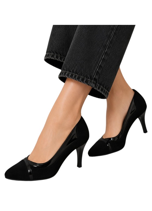 Pantofi stiletto dama negri tip suede cu detalii lacuite, toc 9.5 cm, marimea 37 EU