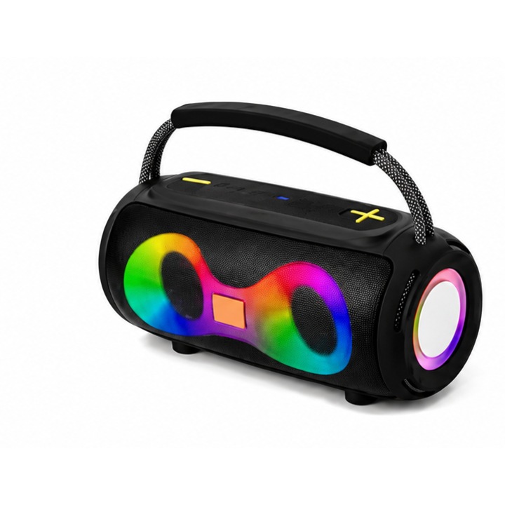 Boxa portabila Bluetooth OKOP KP-812, wireless V5.3, 10W, lumini LED RGB, baterie 1800mAh, maner transport, incarcare USB, negru